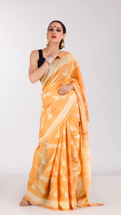 Tiger Mulmul Saree - Desert States theme