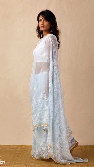 Aqua Blue Tepchi Chikankari Kota Doria saree