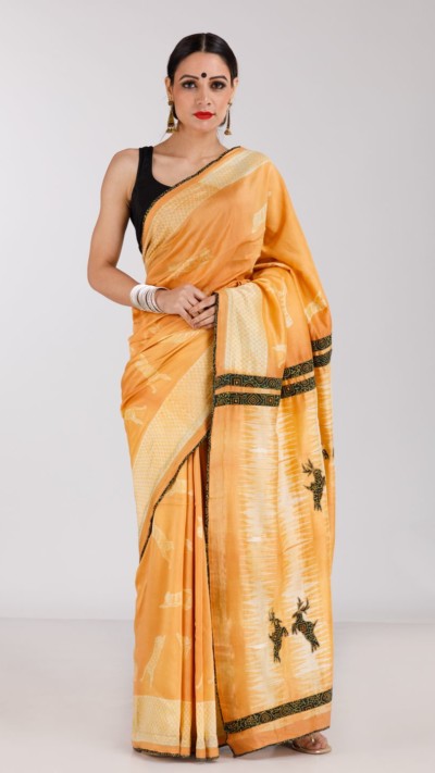 Tiger Deer Chanderi Applique Saree - Desert States Theme