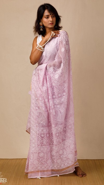 Shell Pink Tepchi Chikankari Kota Doria saree