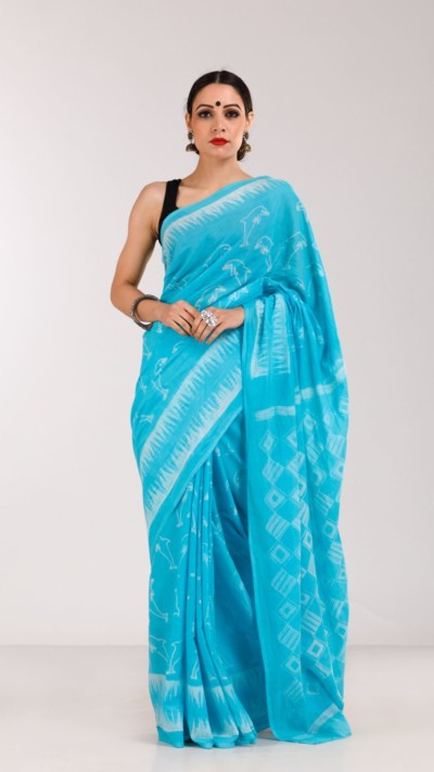 Dolphins Mulmul Saree - Aqua theme