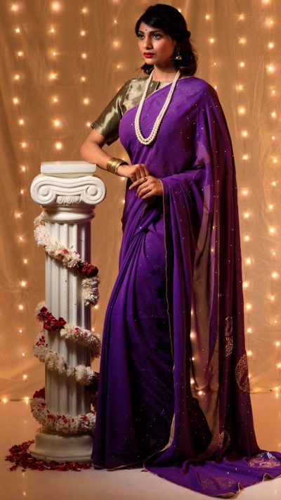 WAHEEDA | Amethyst Coloured Pure Georgette Mukaish Embroidery Saree