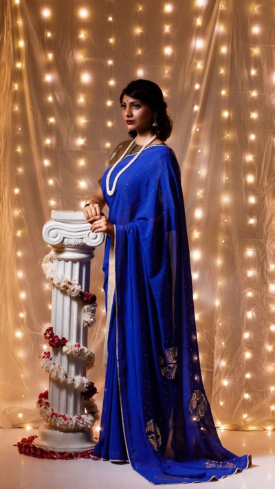 NARGIS | Royal Blue Pure Georgette Mukaish Embroidery Saree