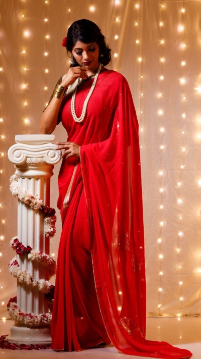MADHUBALA | Coral Red Pure Georgette Mukaish Embroidery Saree