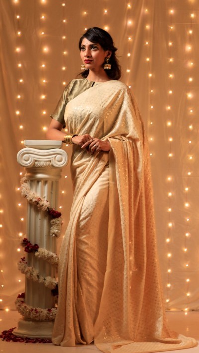 SURAIYA - Cream Coloured Mooga Silk Mukaish Embroidery Saree