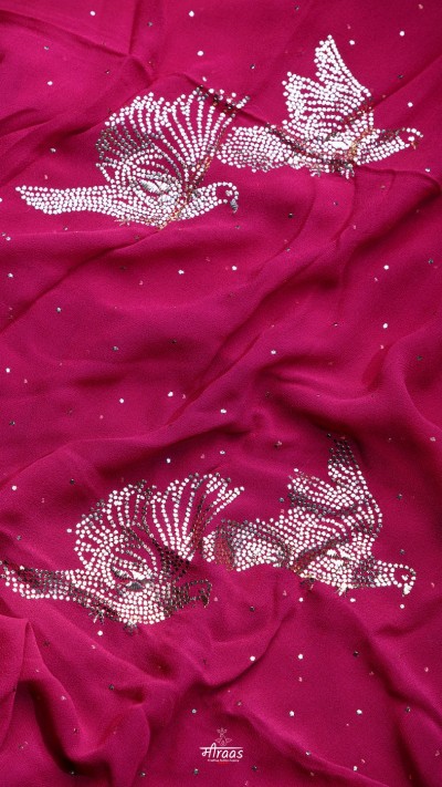 Meena Kumari | Wine Coloured Pure Georgette Mukaish Embroidery Saree