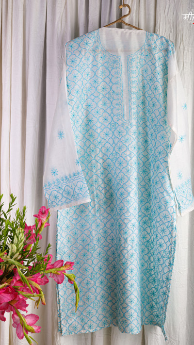 White Blue Cotton Silk Royale Kurta