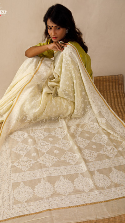 Butter Yellow Royale Chikankari Cotton Saree
