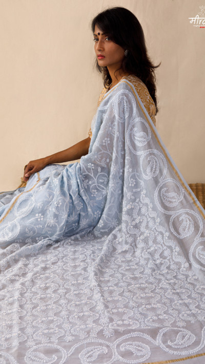 Aqua Blue Chikankari Cotton Silk Saree